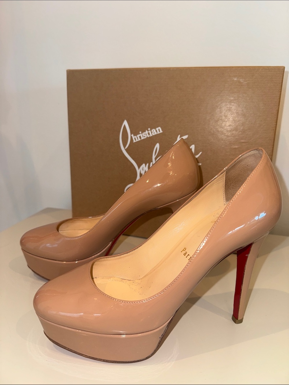 Christian Louboutin Patent Leather Platform Pumps in Nude Pink 120